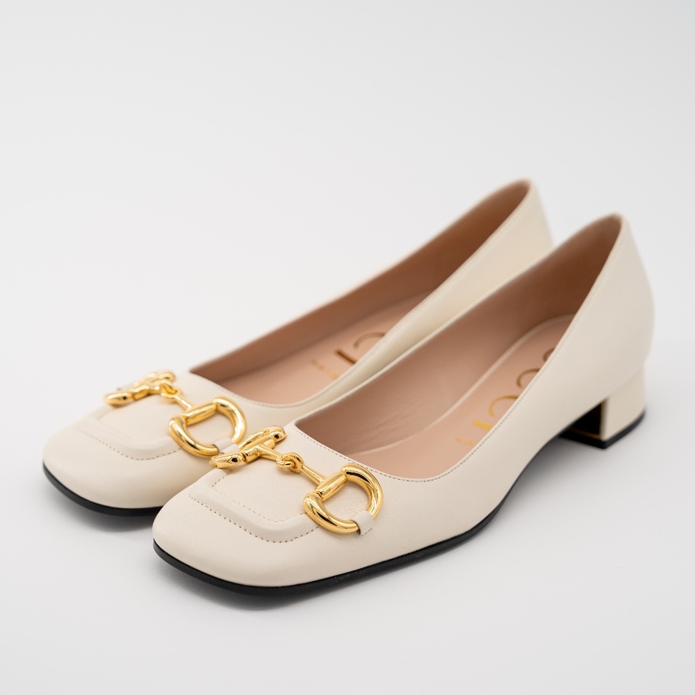 Gucci White and Gold Flats with Square Toe and Block Heel
